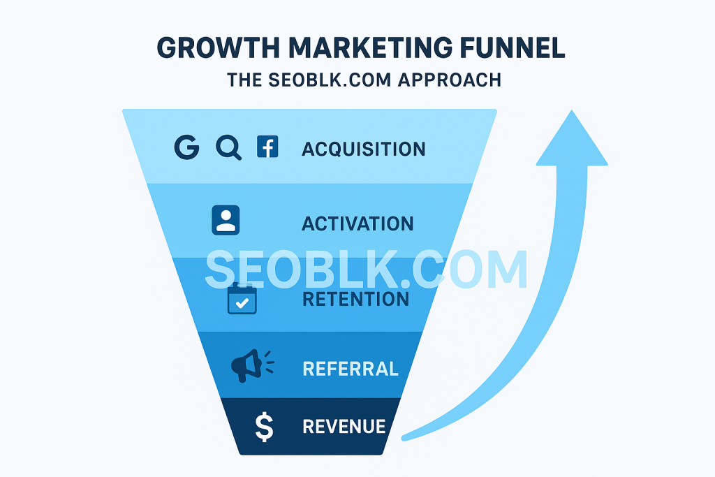 growth marketing funnel stages (acquisition, activation, retention, referral, revenue) with SEOBLK.COM