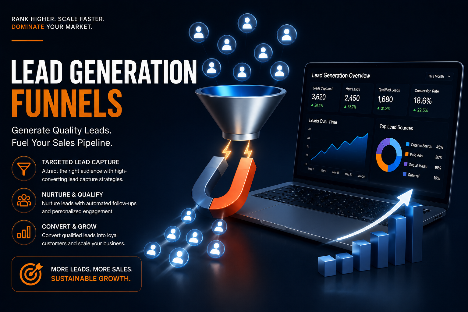 Lead generation funnel diagram showing traffic flow, lead capture, and conversion system