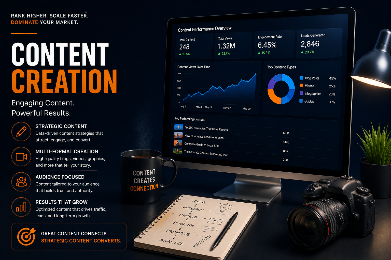 Content creation workflow showing strategy, design, and marketing content planning