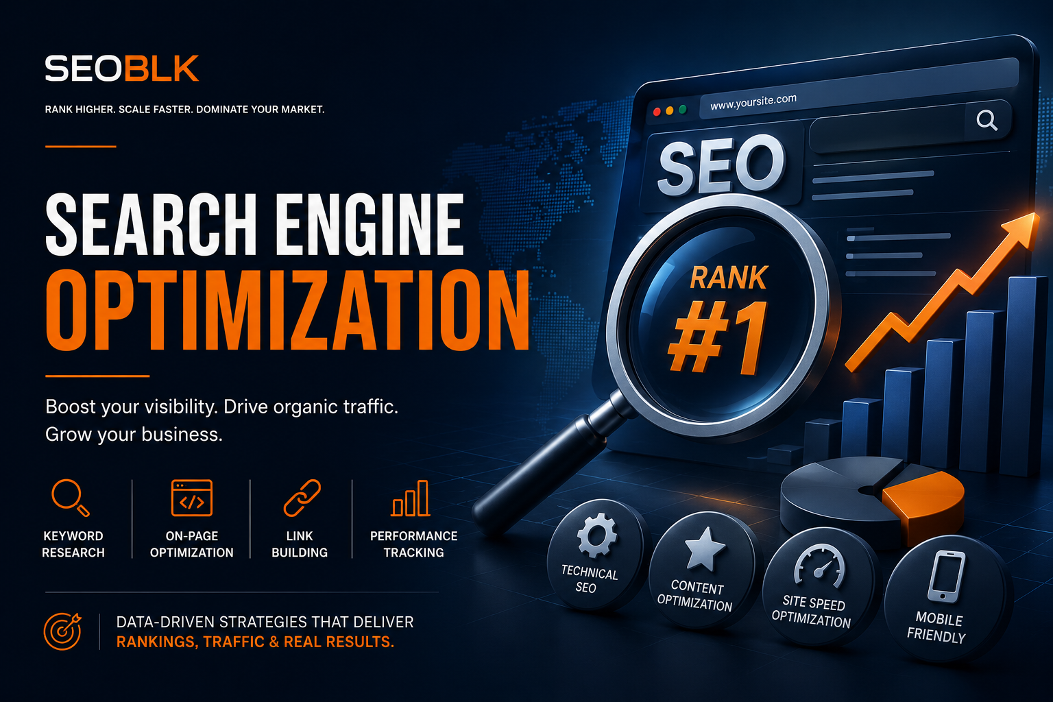 SEO dashboard displaying keyword rankings, organic traffic growth, and search engine optimization metrics