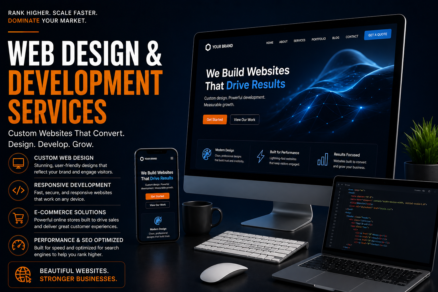 Modern web design and development layout showing responsive UI and SEO optimized structure